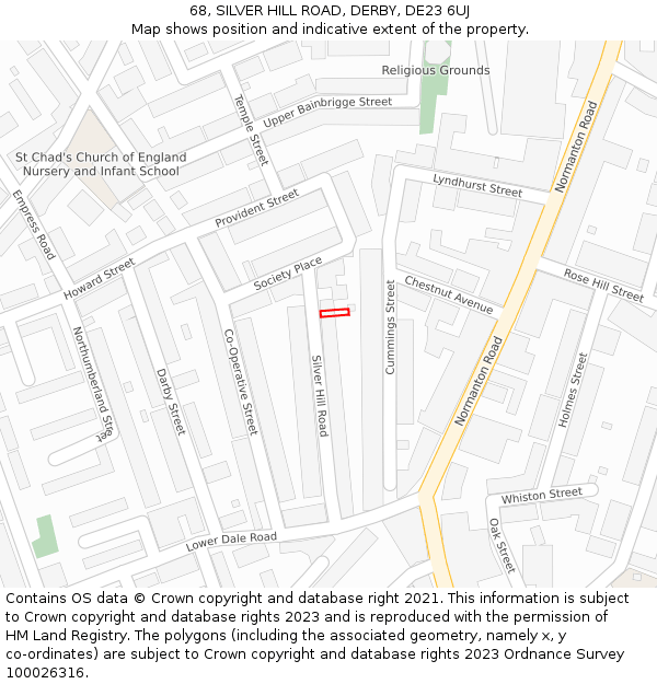 68, SILVER HILL ROAD, DERBY, DE23 6UJ: Location map and indicative extent of plot