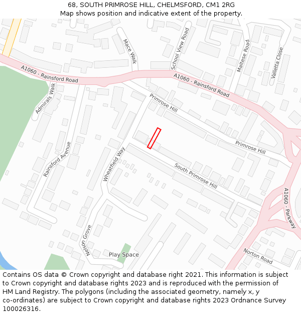 68, SOUTH PRIMROSE HILL, CHELMSFORD, CM1 2RG: Location map and indicative extent of plot