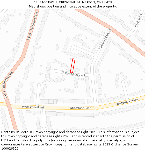 68, STONEWELL CRESCENT, NUNEATON, CV11 4TB: Location map and indicative extent of plot