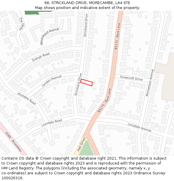 68, STRICKLAND DRIVE, MORECAMBE, LA4 6TE: Location map and indicative extent of plot