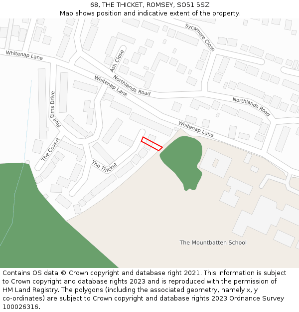 68, THE THICKET, ROMSEY, SO51 5SZ: Location map and indicative extent of plot
