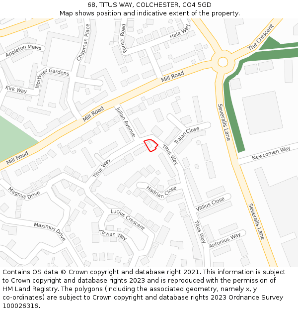 68, TITUS WAY, COLCHESTER, CO4 5GD: Location map and indicative extent of plot