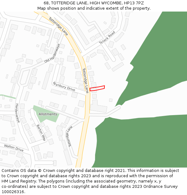 68, TOTTERIDGE LANE, HIGH WYCOMBE, HP13 7PZ: Location map and indicative extent of plot