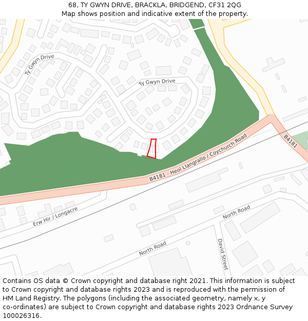 68, TY GWYN DRIVE, BRACKLA, BRIDGEND, CF31 2QG: Location map and indicative extent of plot