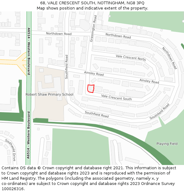 68, VALE CRESCENT SOUTH, NOTTINGHAM, NG8 3PQ: Location map and indicative extent of plot