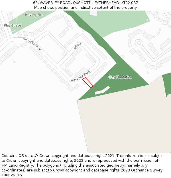 68, WAVERLEY ROAD, OXSHOTT, LEATHERHEAD, KT22 0RZ: Location map and indicative extent of plot