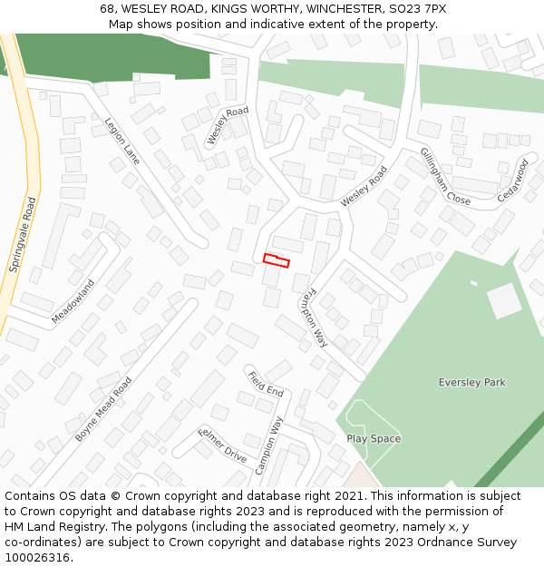 68, WESLEY ROAD, KINGS WORTHY, WINCHESTER, SO23 7PX: Location map and indicative extent of plot