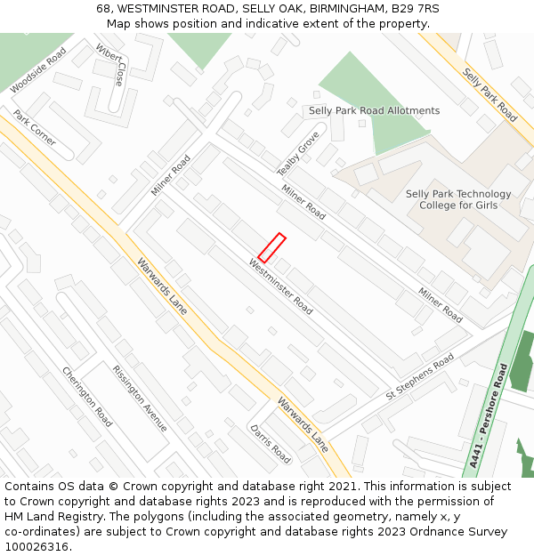 68, WESTMINSTER ROAD, SELLY OAK, BIRMINGHAM, B29 7RS: Location map and indicative extent of plot