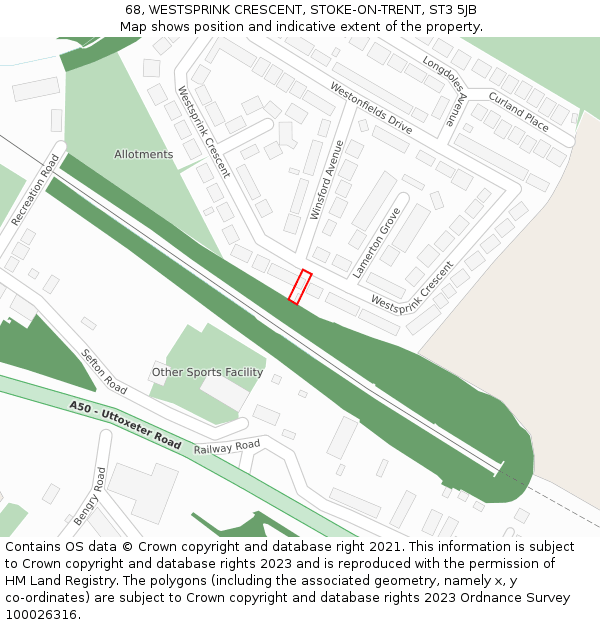 68, WESTSPRINK CRESCENT, STOKE-ON-TRENT, ST3 5JB: Location map and indicative extent of plot