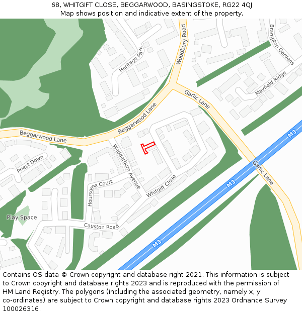 68, WHITGIFT CLOSE, BEGGARWOOD, BASINGSTOKE, RG22 4QJ: Location map and indicative extent of plot