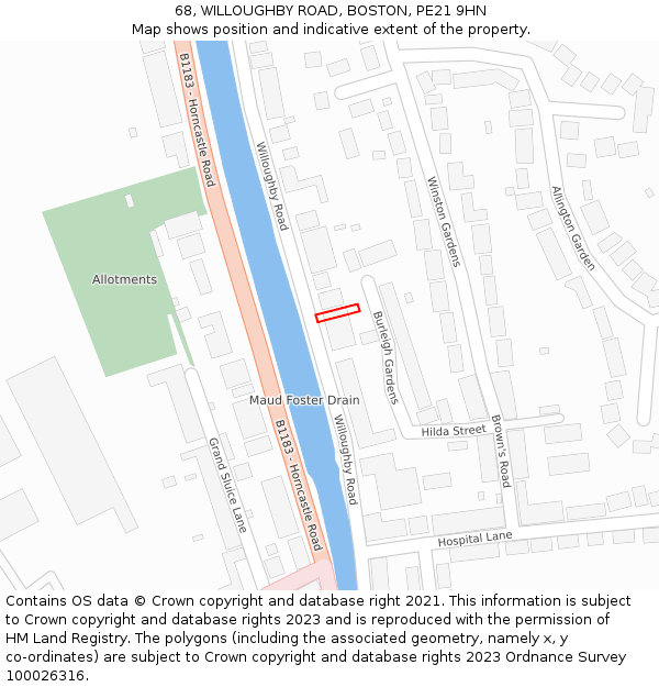 68, WILLOUGHBY ROAD, BOSTON, PE21 9HN: Location map and indicative extent of plot