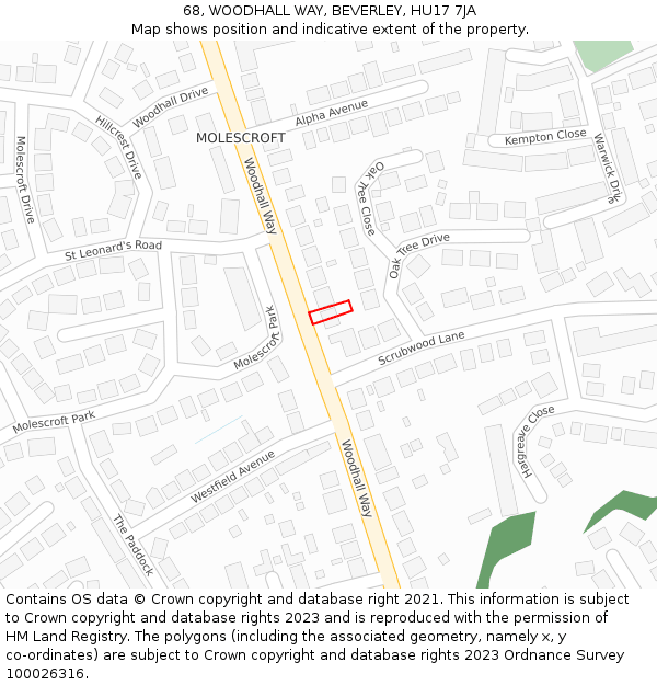 68, WOODHALL WAY, BEVERLEY, HU17 7JA: Location map and indicative extent of plot