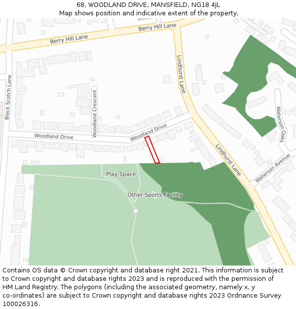 68, WOODLAND DRIVE, MANSFIELD, NG18 4JL: Location map and indicative extent of plot