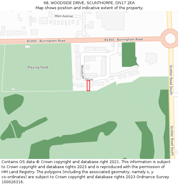 68, WOODSIDE DRIVE, SCUNTHORPE, DN17 2EA: Location map and indicative extent of plot