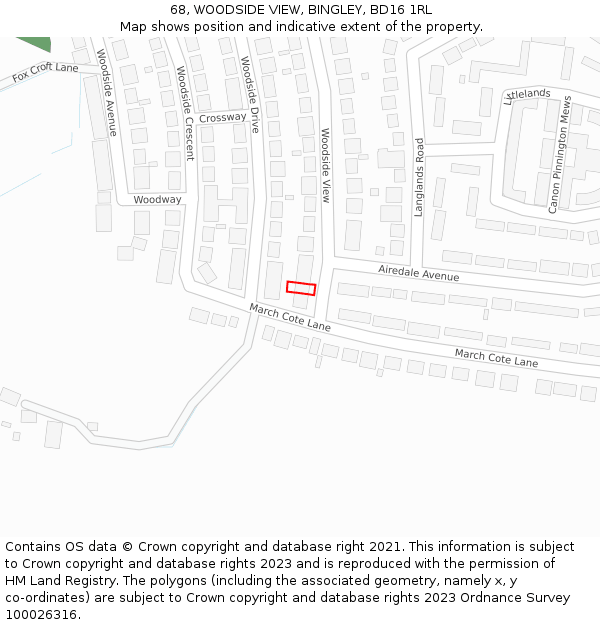 68, WOODSIDE VIEW, BINGLEY, BD16 1RL: Location map and indicative extent of plot