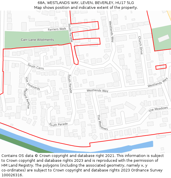 68A, WESTLANDS WAY, LEVEN, BEVERLEY, HU17 5LG: Location map and indicative extent of plot