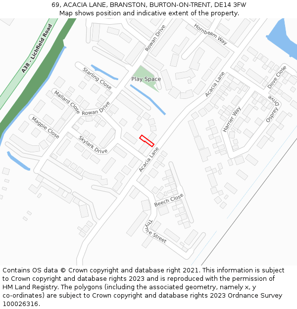 69, ACACIA LANE, BRANSTON, BURTON-ON-TRENT, DE14 3FW: Location map and indicative extent of plot