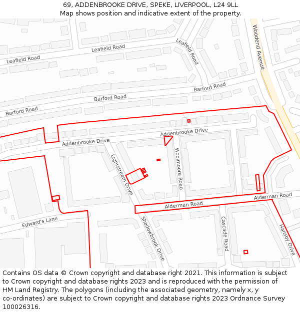 69, ADDENBROOKE DRIVE, SPEKE, LIVERPOOL, L24 9LL: Location map and indicative extent of plot