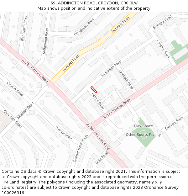 69, ADDINGTON ROAD, CROYDON, CR0 3LW: Location map and indicative extent of plot