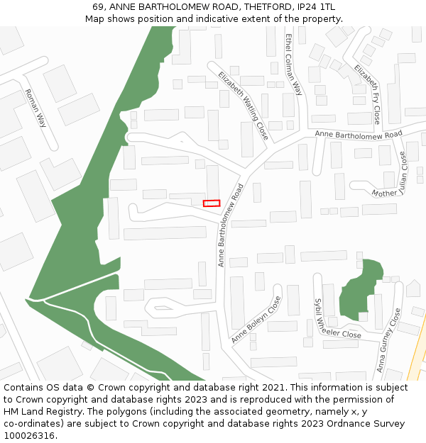 69, ANNE BARTHOLOMEW ROAD, THETFORD, IP24 1TL: Location map and indicative extent of plot