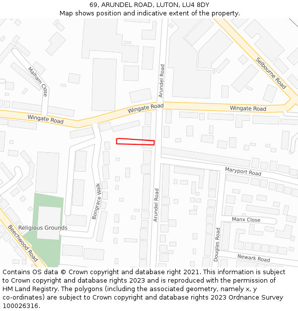 69, ARUNDEL ROAD, LUTON, LU4 8DY: Location map and indicative extent of plot