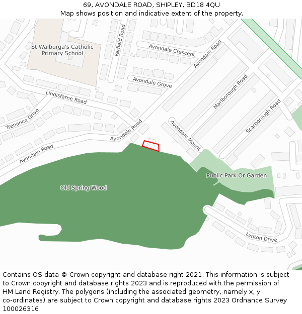 69, AVONDALE ROAD, SHIPLEY, BD18 4QU: Location map and indicative extent of plot