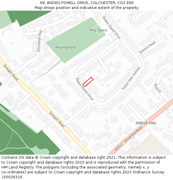 69, BADEN POWELL DRIVE, COLCHESTER, CO3 4SR: Location map and indicative extent of plot