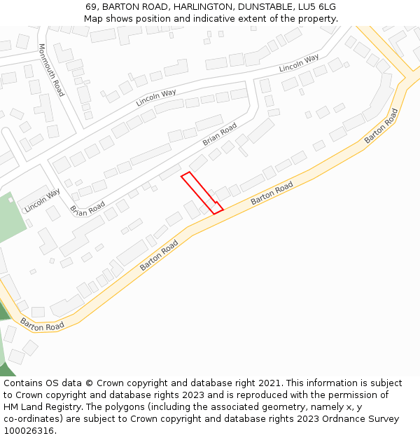 69, BARTON ROAD, HARLINGTON, DUNSTABLE, LU5 6LG: Location map and indicative extent of plot