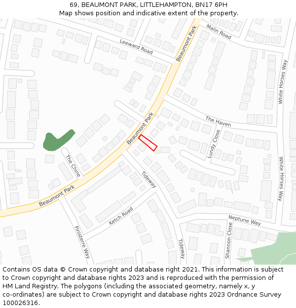 69, BEAUMONT PARK, LITTLEHAMPTON, BN17 6PH: Location map and indicative extent of plot