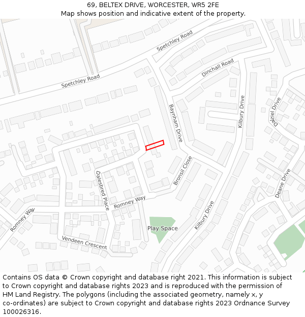 69, BELTEX DRIVE, WORCESTER, WR5 2FE: Location map and indicative extent of plot