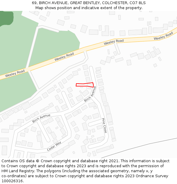 69, BIRCH AVENUE, GREAT BENTLEY, COLCHESTER, CO7 8LS: Location map and indicative extent of plot