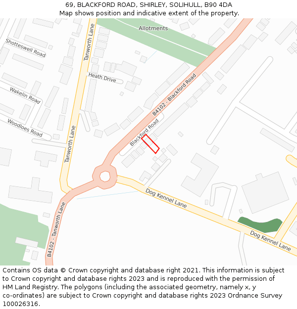 69, BLACKFORD ROAD, SHIRLEY, SOLIHULL, B90 4DA: Location map and indicative extent of plot