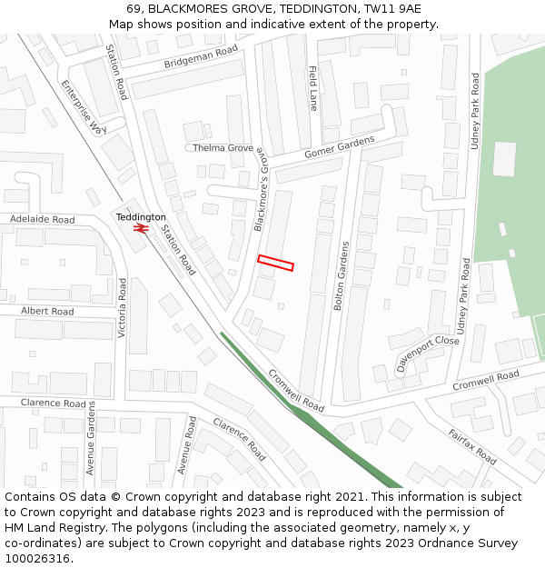 69, BLACKMORES GROVE, TEDDINGTON, TW11 9AE: Location map and indicative extent of plot