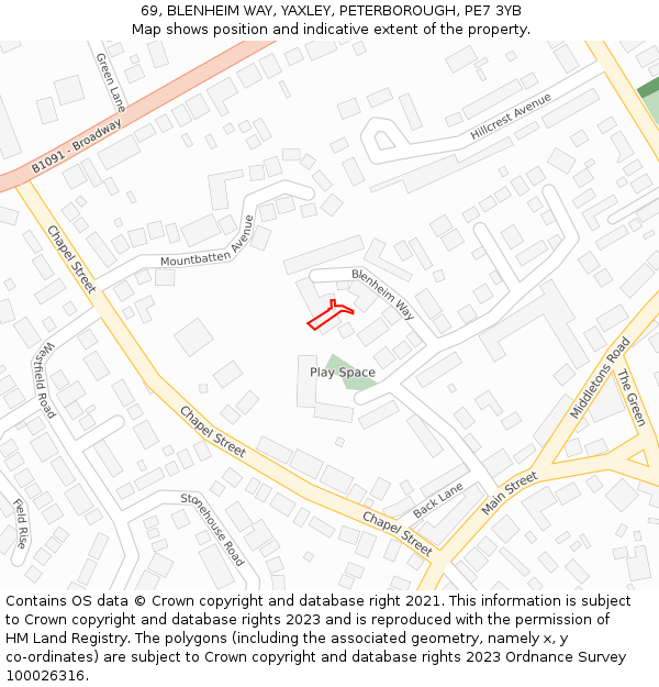 69, BLENHEIM WAY, YAXLEY, PETERBOROUGH, PE7 3YB: Location map and indicative extent of plot