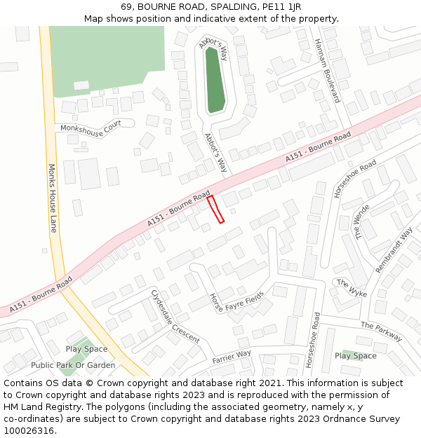 69, BOURNE ROAD, SPALDING, PE11 1JR: Location map and indicative extent of plot