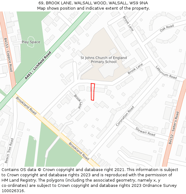 69, BROOK LANE, WALSALL WOOD, WALSALL, WS9 9NA: Location map and indicative extent of plot