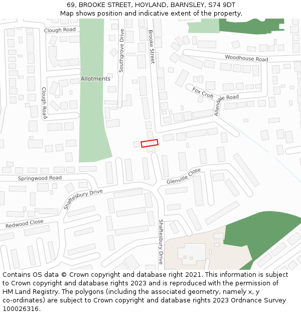 69, BROOKE STREET, HOYLAND, BARNSLEY, S74 9DT: Location map and indicative extent of plot