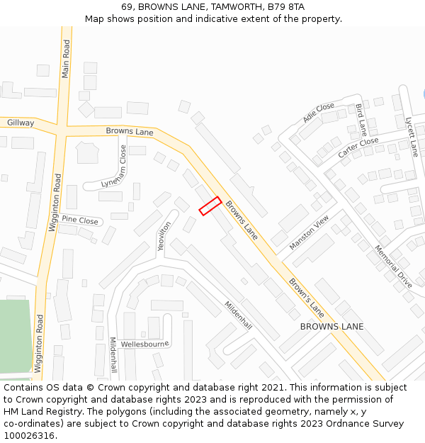 69, BROWNS LANE, TAMWORTH, B79 8TA: Location map and indicative extent of plot