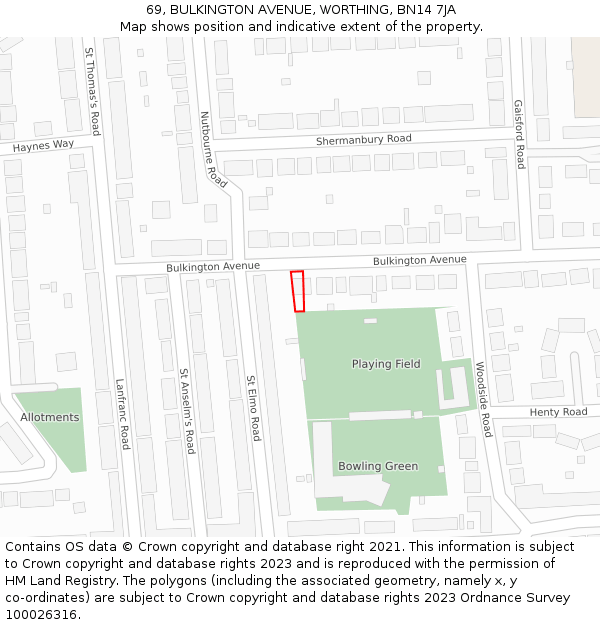 69, BULKINGTON AVENUE, WORTHING, BN14 7JA: Location map and indicative extent of plot