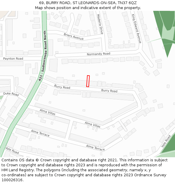 69, BURRY ROAD, ST LEONARDS-ON-SEA, TN37 6QZ: Location map and indicative extent of plot