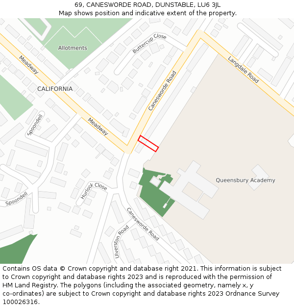 69, CANESWORDE ROAD, DUNSTABLE, LU6 3JL: Location map and indicative extent of plot