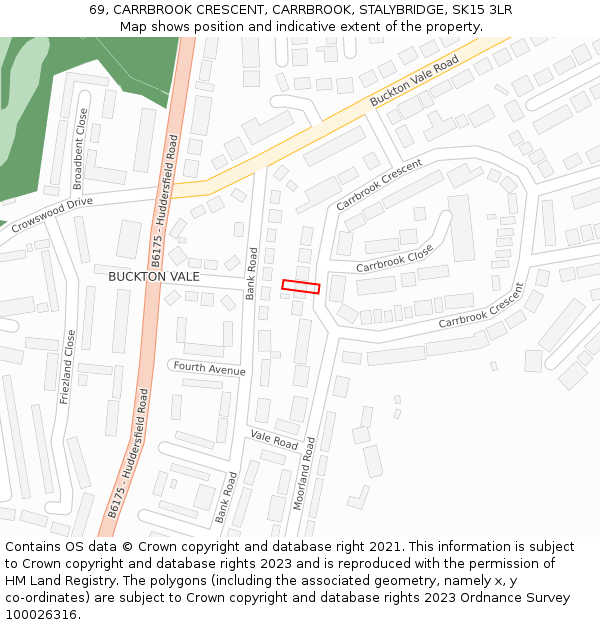 69, CARRBROOK CRESCENT, CARRBROOK, STALYBRIDGE, SK15 3LR: Location map and indicative extent of plot