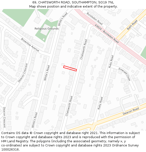 69, CHATSWORTH ROAD, SOUTHAMPTON, SO19 7NL: Location map and indicative extent of plot