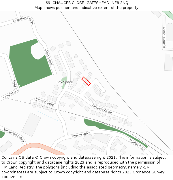 69, CHAUCER CLOSE, GATESHEAD, NE8 3NQ: Location map and indicative extent of plot