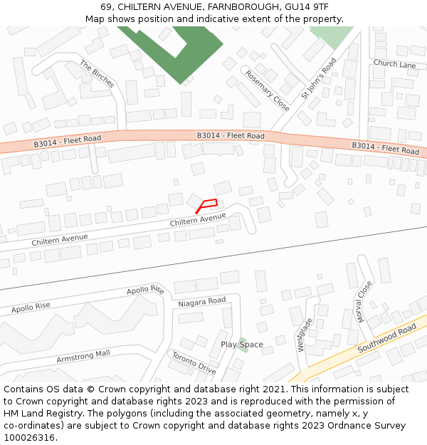 69, CHILTERN AVENUE, FARNBOROUGH, GU14 9TF: Location map and indicative extent of plot