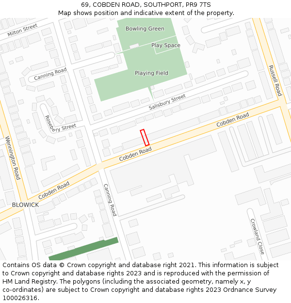 69, COBDEN ROAD, SOUTHPORT, PR9 7TS: Location map and indicative extent of plot