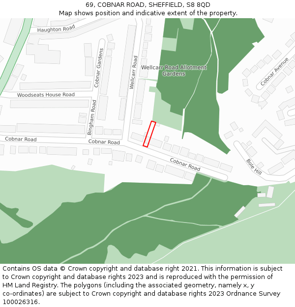 69, COBNAR ROAD, SHEFFIELD, S8 8QD: Location map and indicative extent of plot