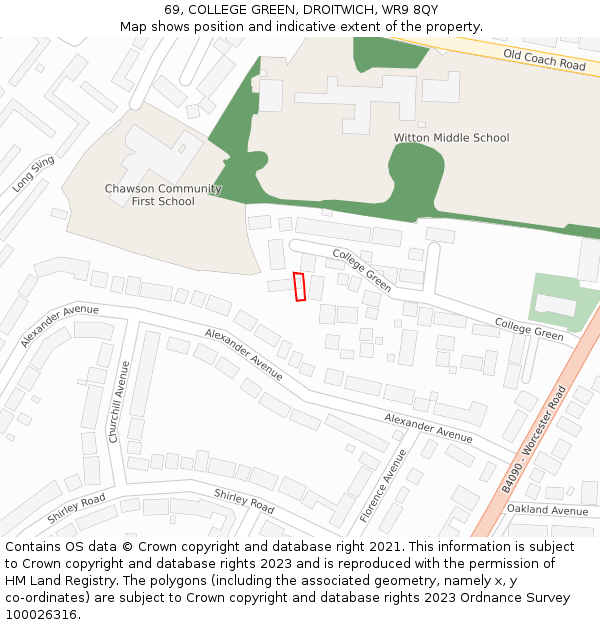 69, COLLEGE GREEN, DROITWICH, WR9 8QY: Location map and indicative extent of plot