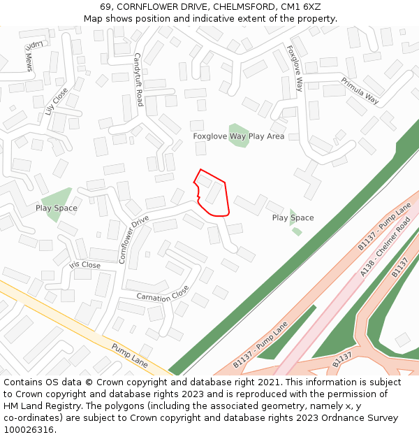 69, CORNFLOWER DRIVE, CHELMSFORD, CM1 6XZ: Location map and indicative extent of plot