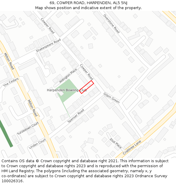 69, COWPER ROAD, HARPENDEN, AL5 5NJ: Location map and indicative extent of plot